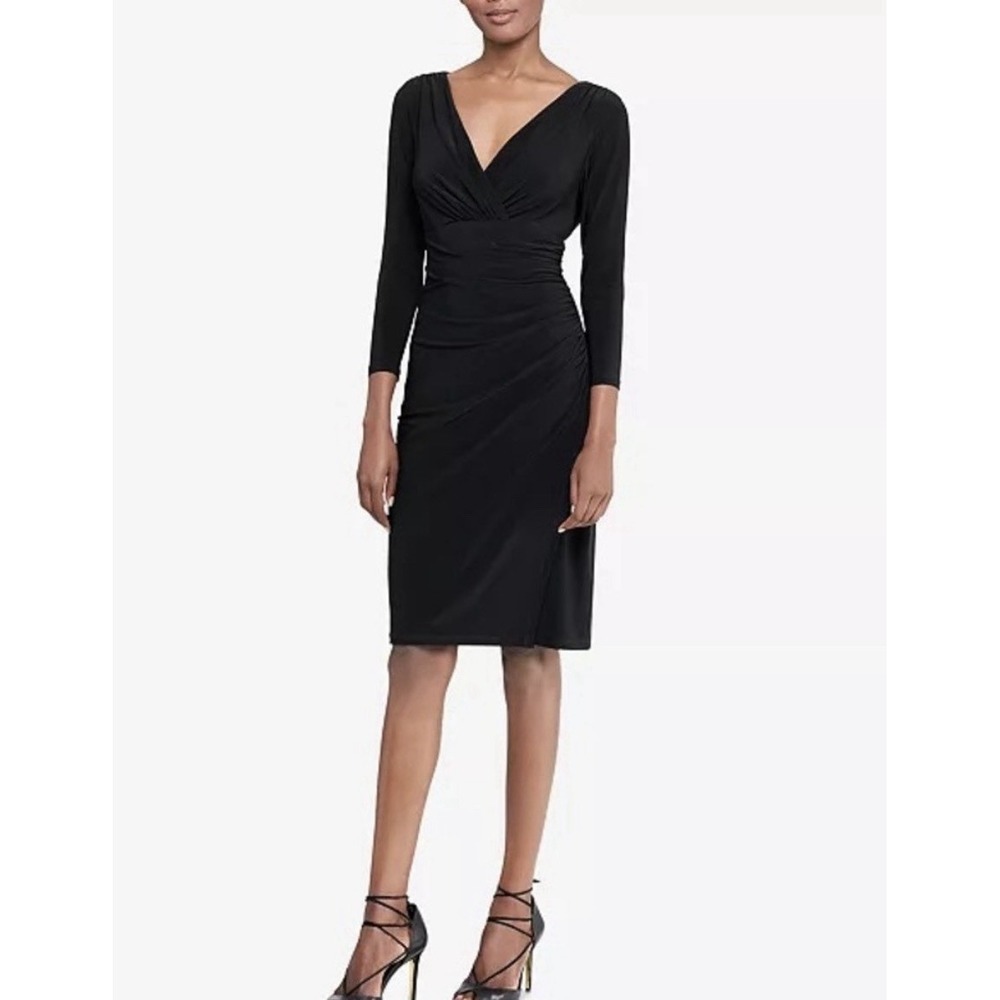 Lauren Ralph Lauren 3/4 Sleeve V neck Faux Wrap Sheath Dress Black Stretch 14